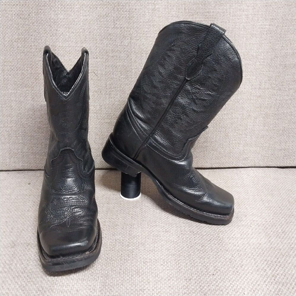 Soto  Square Toe  Black Leather Western Stitched Cowboy Riding Boots Kids Size 3